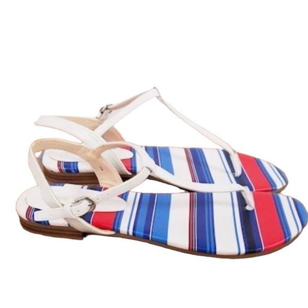 NEW Nine West Leather Zowieo Red White‎ Blue Striped Flat Strap Sandals  SZ 6.5